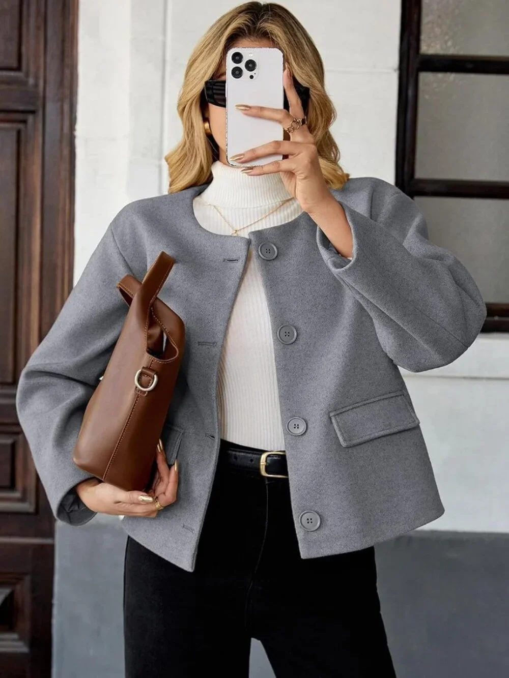 Women's Light Grey Wool Blend Cropped Collarless Long Sleeve Short Pea Overcoat